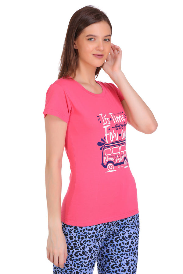 T.T. Women Slim Fit Round Neck Printed Tshirt Pink