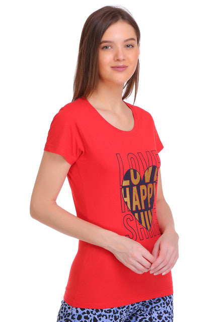 T.T. Women Slim Fit Printed Round Neck T-Shirt Yellow-Green-Red