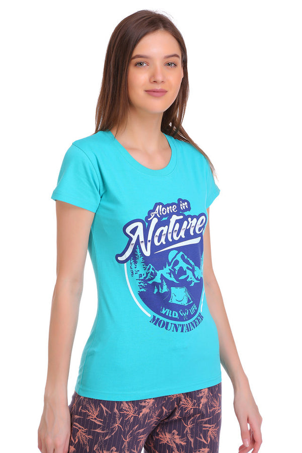 T.T. Women Slim Fit Round Neck Printed Tshirt Skyblue