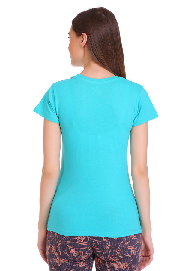 T.T. Women Slim Fit Round Neck Printed Tshirt Skyblue
