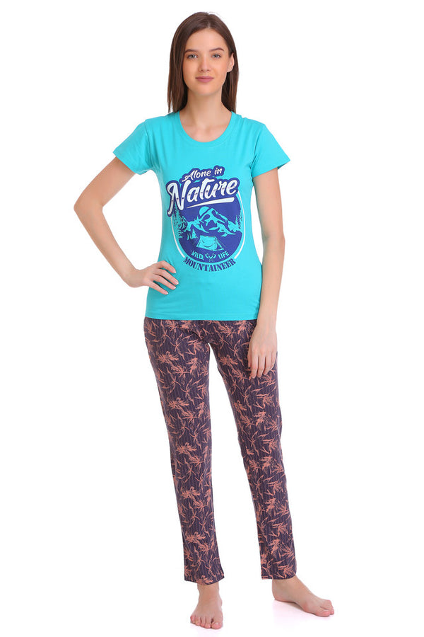 T.T. Women Slim Fit Round Neck Printed Tshirt Skyblue