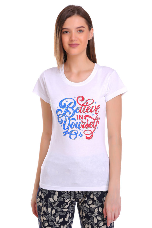 T.T. Women Slim Fit Round Neck Printed Tshirt White