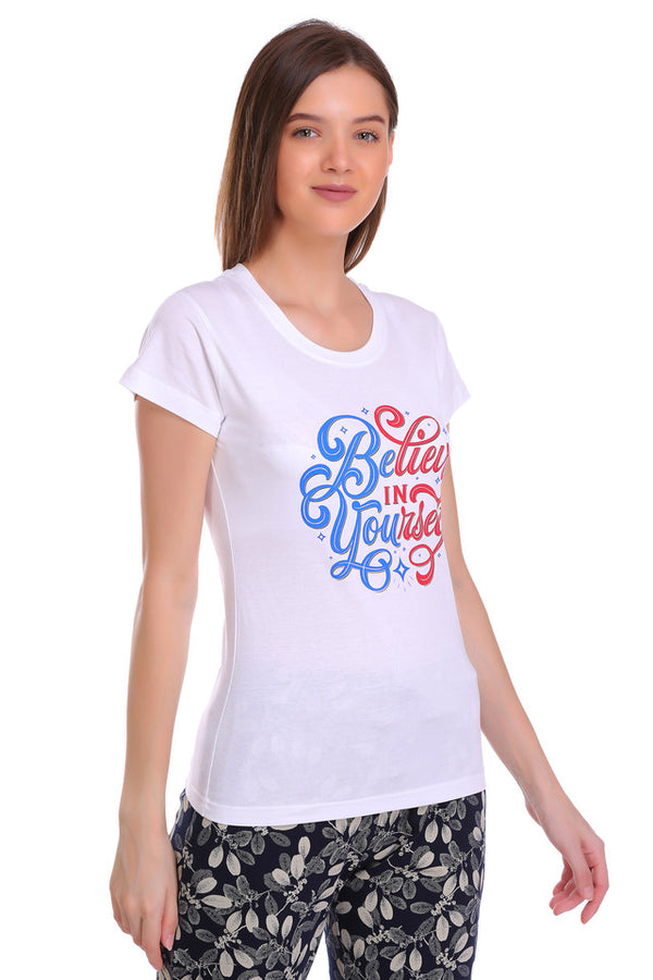 T.T. Women Slim Fit Round Neck Printed Tshirt White