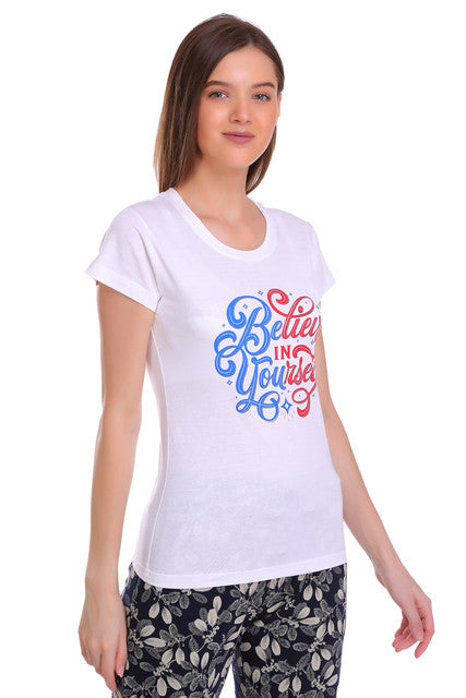 T.T. Women Slim Fit Printed Round Neck T-Shirt Black-White-Fuschia