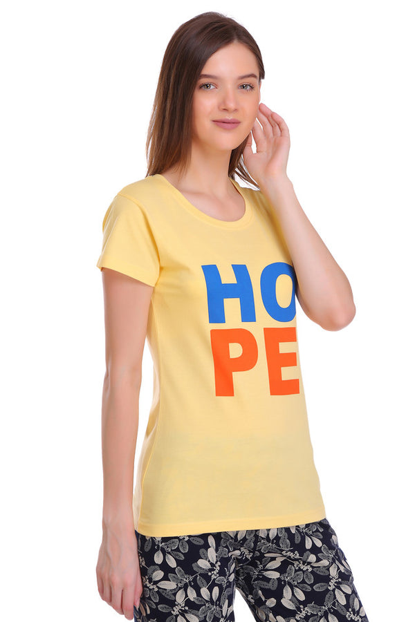 T.T. Women Slim Fit Round Neck Printed Tshirt Yellow