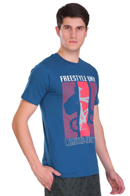 T.T. Men Slim Fit Printed Round Neck T-Shirt White-Teal-Brown