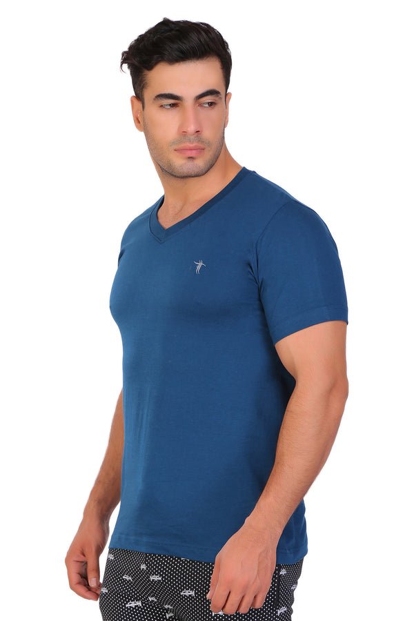 T.T. Men Slim Fit V-Neck T-Shirt Solid Pack Of 3 Navy-Trqs-Teal