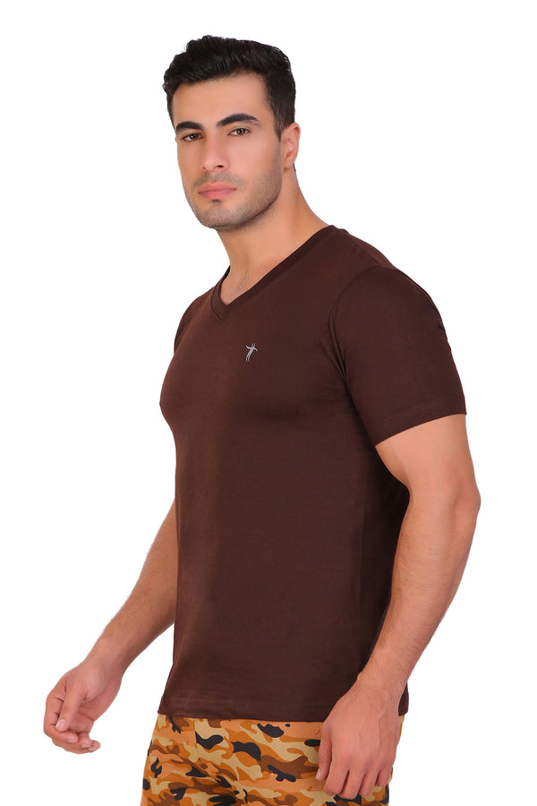 T.T. Men Slim Fit V-Neck T-Shirt Solid Pack Of 3 Maroon-Yellow-D.Brown