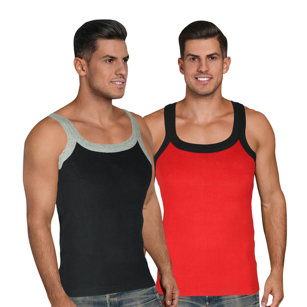 T.T. Men Pack Of 2 Solid Gym Vests Red-Black
