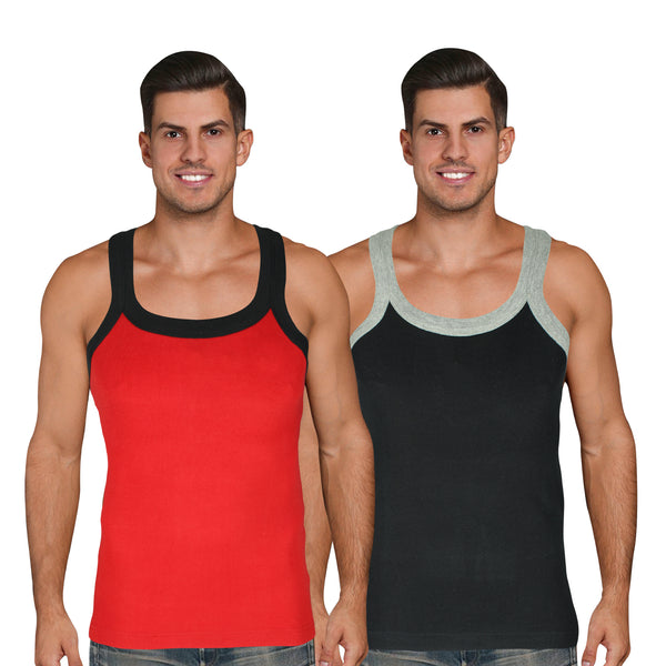 T.T. Men Pack Of 2 Solid Gym Vests Red-Black
