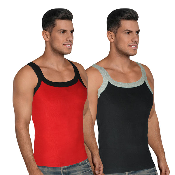 T.T. Men Pack Of 2 Solid Gym Vests Red-Black