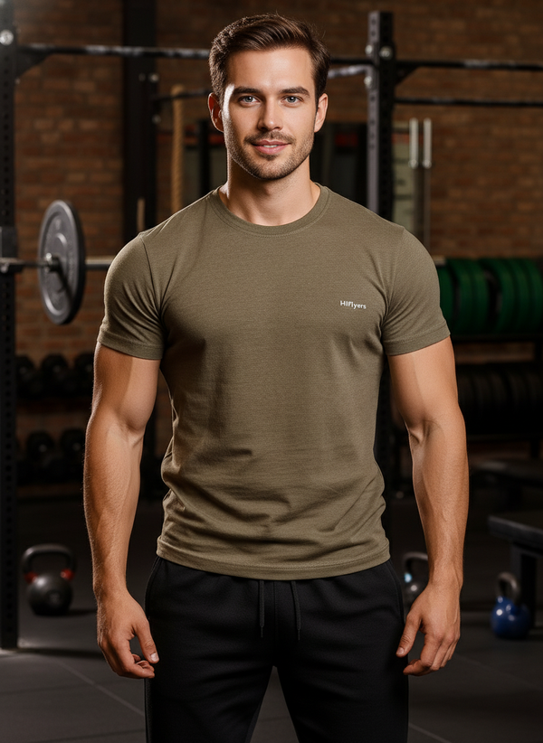 HiFlyers Men Slim Fit Self-Design Premium Melange Rn Tshirts Olive
