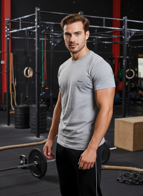 HiFlyers Men Slim Fit Self-Design Premium Rn Tshirts Grey Melange