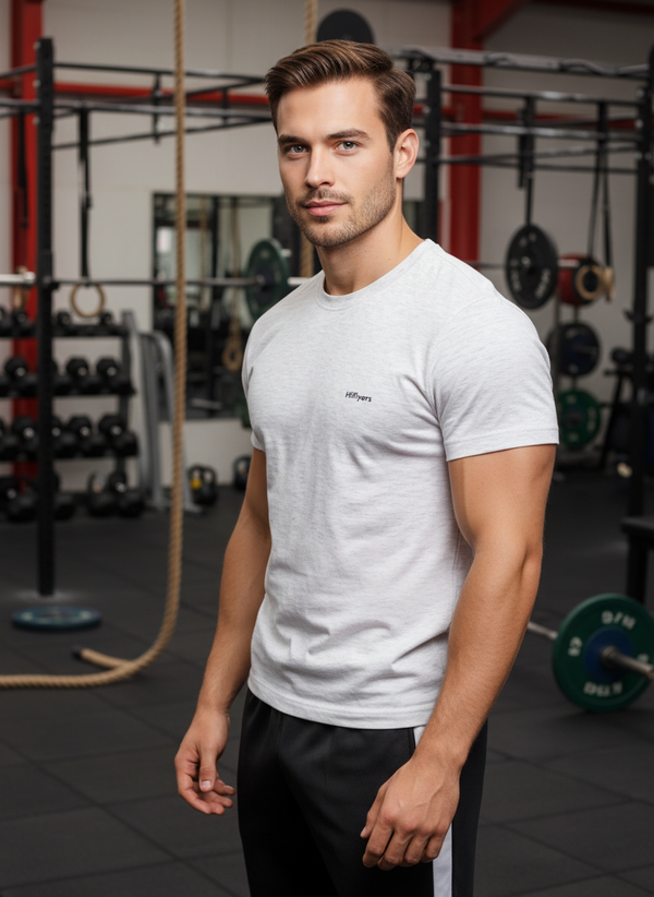 HiFlyers Men Slim Fit Self-Design Premium Rn Tshirts Ecru Melange