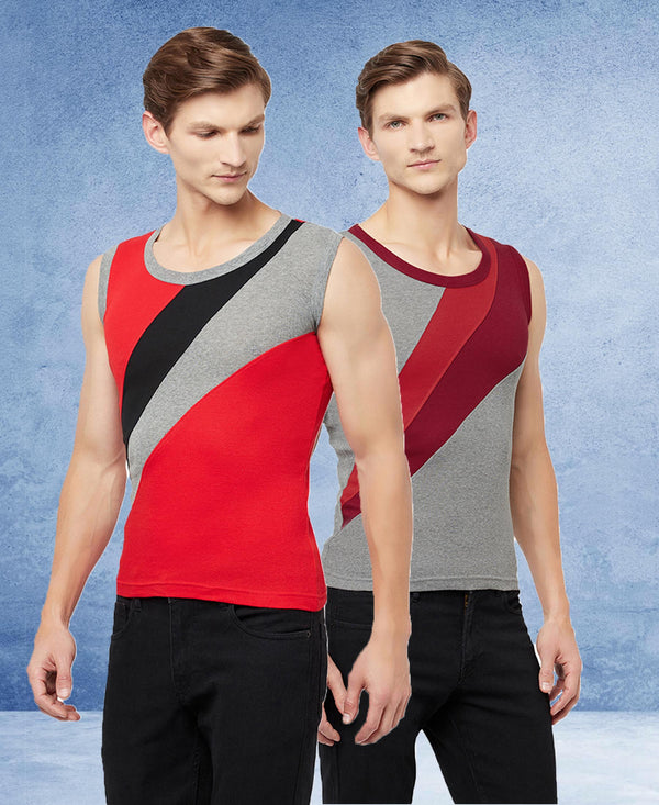 T.T. Men Designer Gym VestPack Of 2 Black-Red-Grey-Maroon