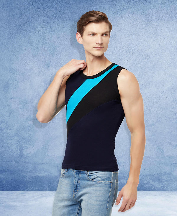 T.T. Men Designer Gym VestPack Of 2 Red-Blk-Navy-Sky