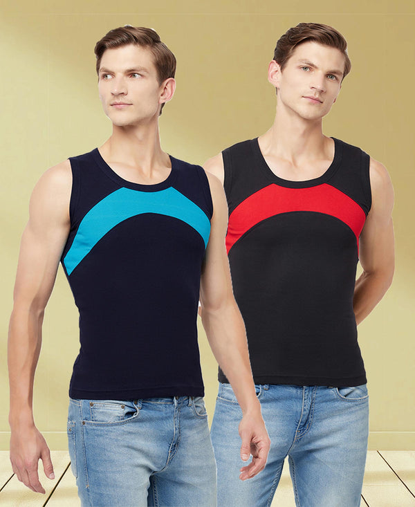 T.T. Men Designer Gym VestPack Of 2 Black-Red-Navy-Sky