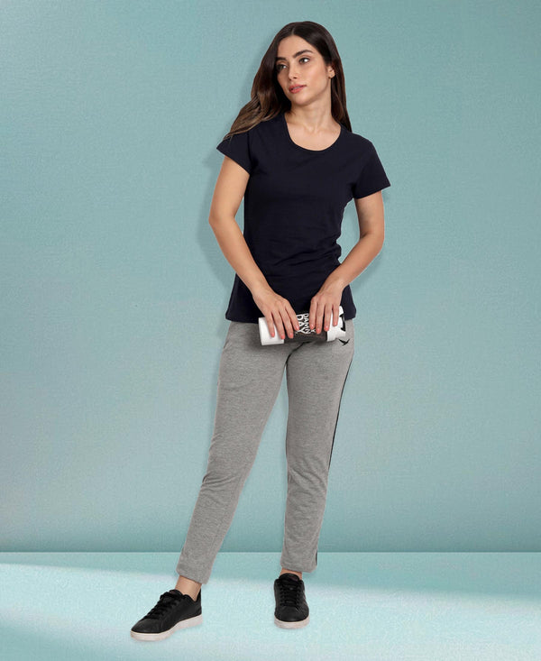 HiFlyers Women Comfort Fit Grey Melange Solid Cotton Track Pants