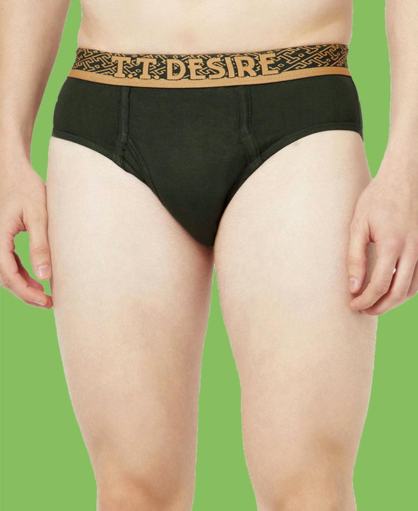 T.T. Mens Desire 100% Combed Cotton Front Open Brief Top Elastic Pack Of 3 Olive-Brown-D Brown