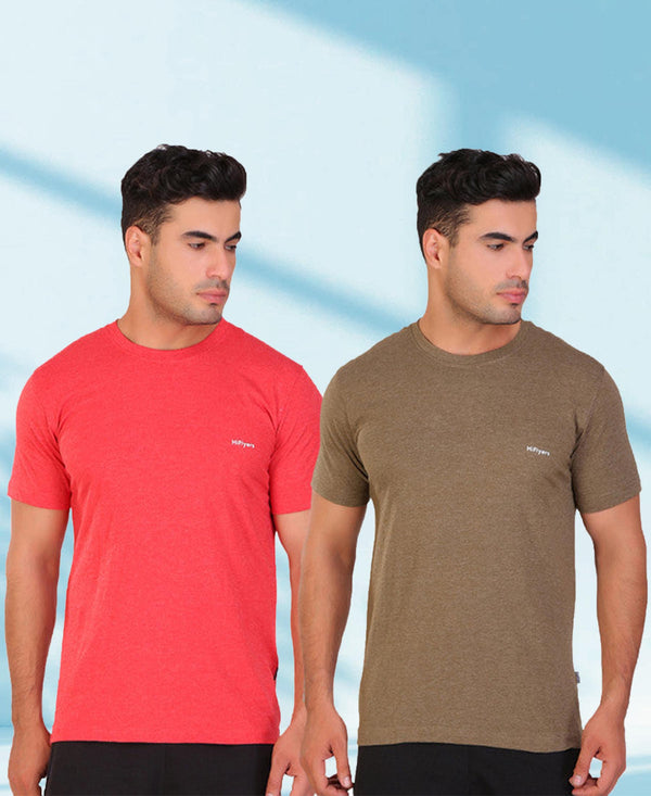 HiFlyers Men Slim Fit Pack Of 2 Premium Rn T-Shirt Olive -Red