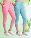 T.T. Women Regular Fit Poly Jersey Solid Capri Pack Of 2-Turquoise-Pink