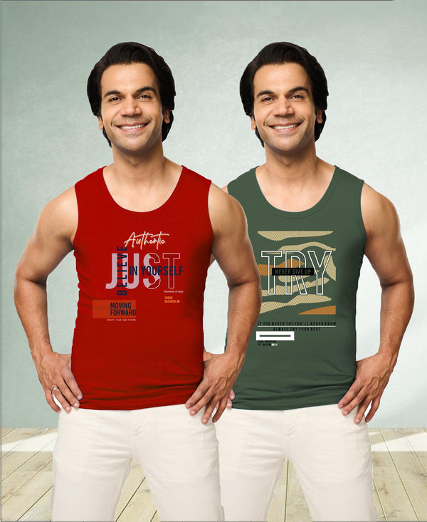 T.T. Men|Cool Tees|100% Cotton|Printed| Regular Fit |Round Neck Muscle Tshirts|Pack Of 2|Red::Olive