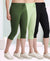 T.T. Women Regular Fit Poly Jersey Solid Capri Pack Of 3-Black-Green-Olive