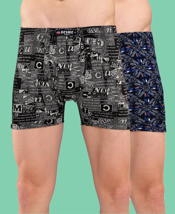 T.T. Men Desire Super Combed Cotton Printed Snug Fit Long Trunks For Men Pack Of 2 Grey-Navy