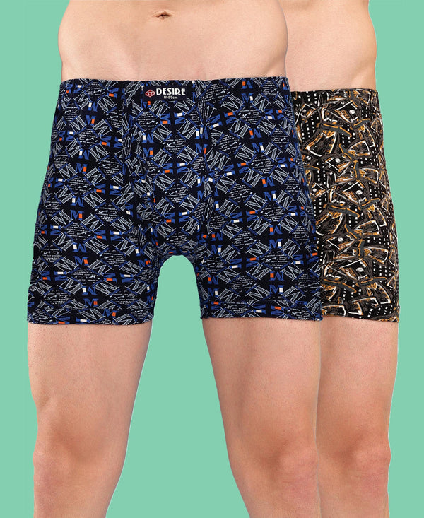 T.T. Men Desire Super Combed Cotton Printed Snug Fit Long Trunks For Men Pack Of 2 D.Brown-Navy