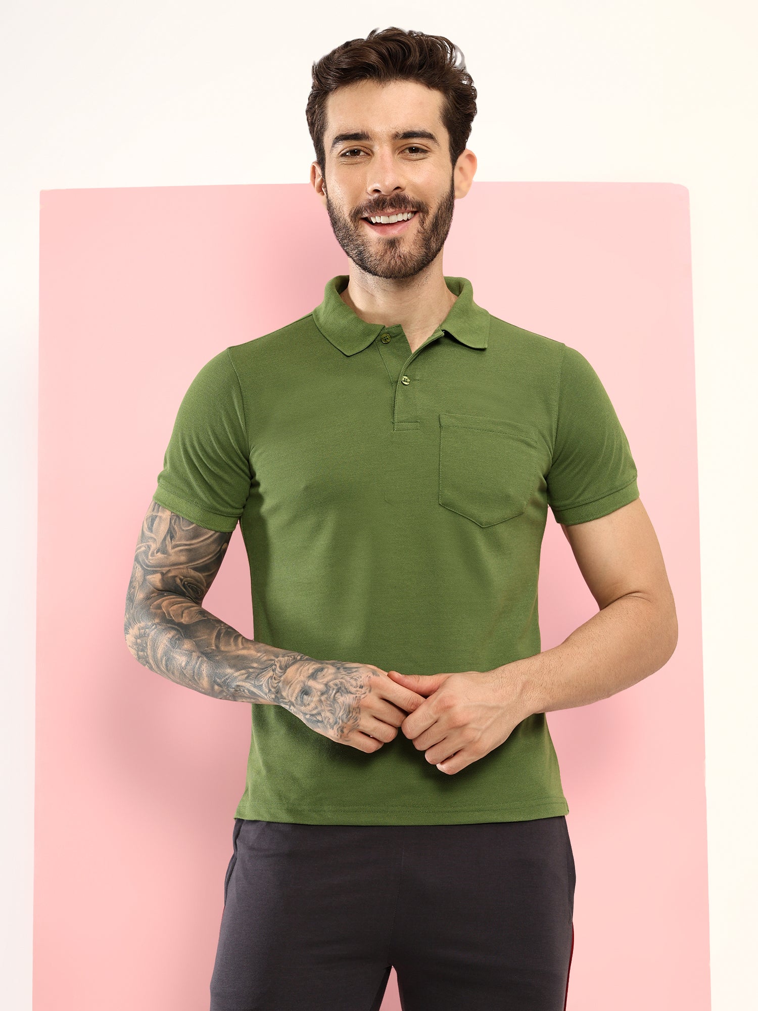 T.T. Men Slim Fit Cotton Polyster Pique Polo Half Sleeve T-Shirt Olive