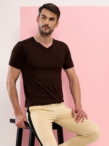 T.T. Men Slim Fit Poly Jersey V-Neck Half Sleeve T-Shirt Brown