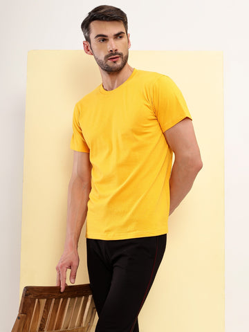 T.T. Men Eco Friendly (Cotton Rich) Recycled Fabric Solid Round Neck Regular Fit Golden Yellow