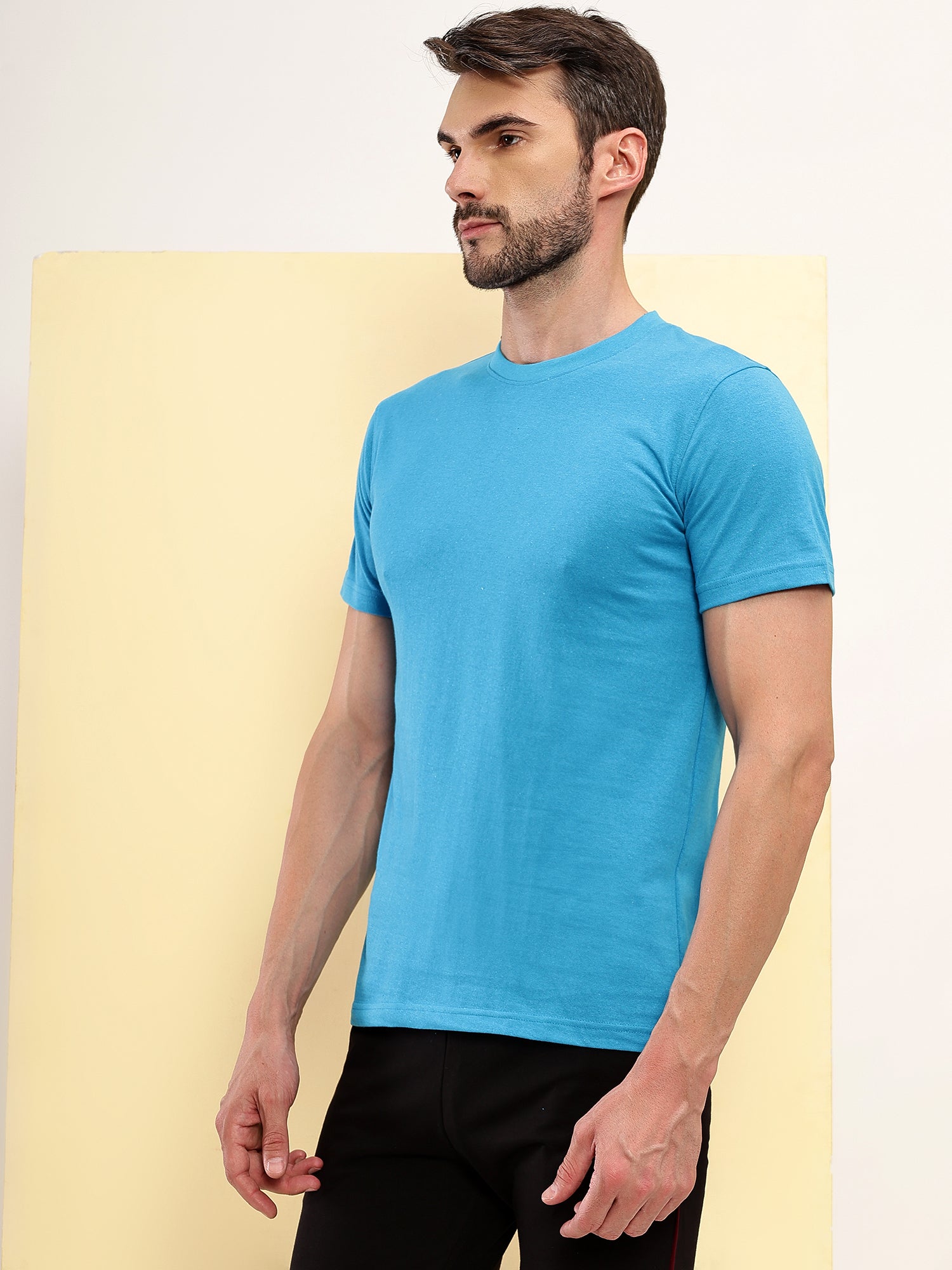 T.T. Men Eco Friendly (Cotton Rich) Recycled Fabric Solid Round Neck Regular Fit Teal Blue