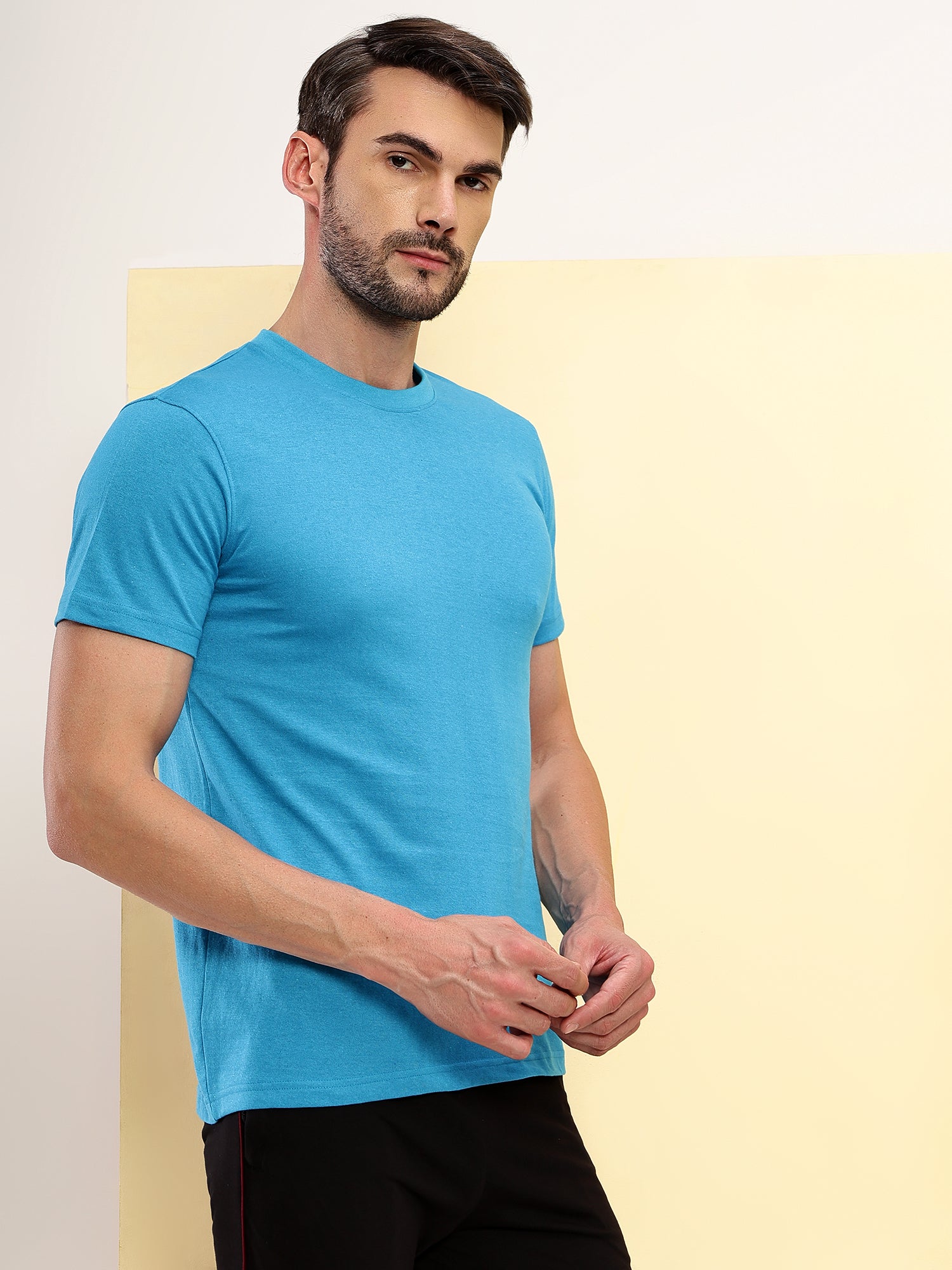 T.T. Men Eco Friendly (Cotton Rich) Recycled Fabric Solid Round Neck Regular Fit Teal Blue