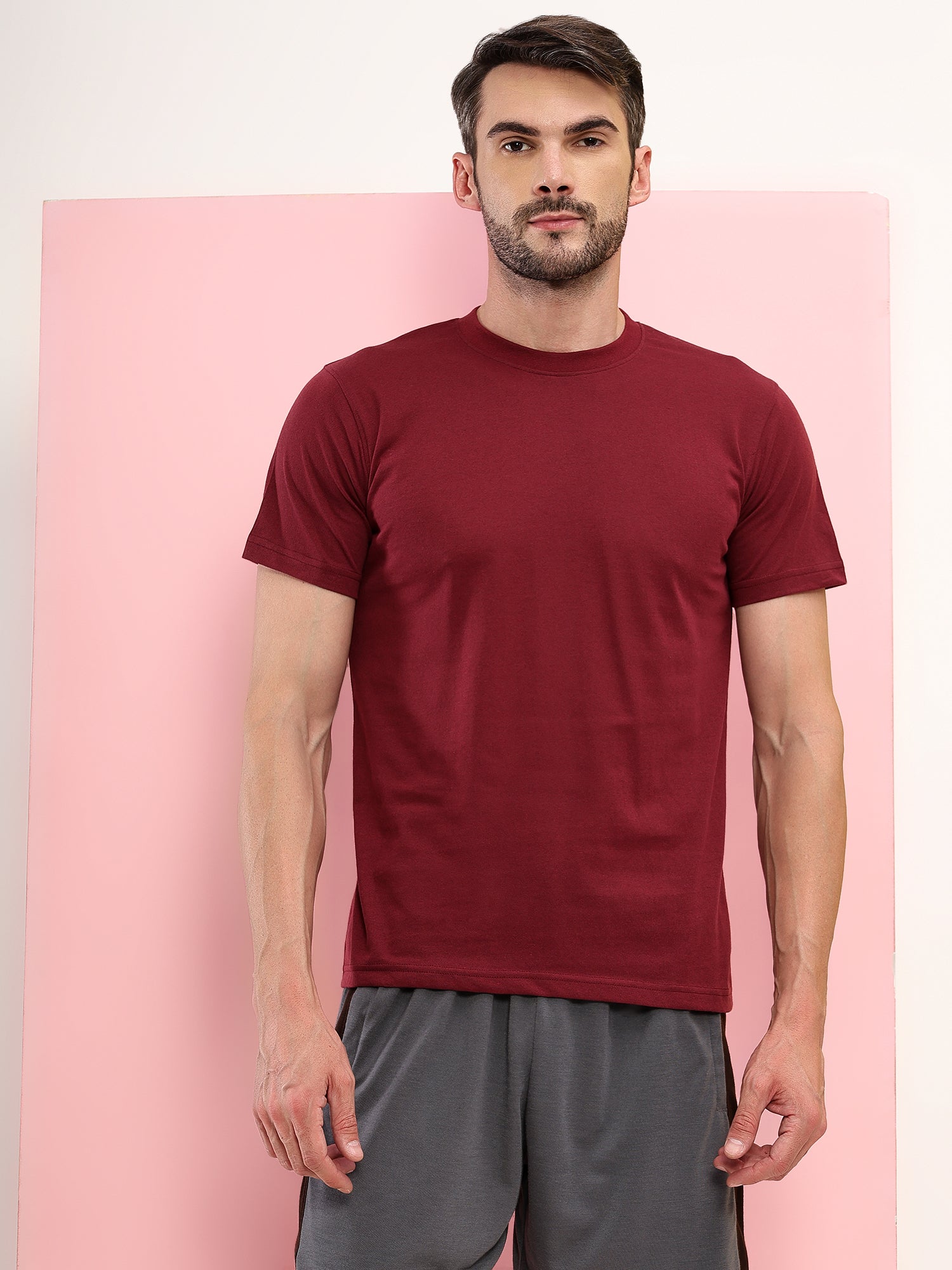 T.T. Men Eco Friendly (Cotton Rich) Recycled Fabric Solid Round Neck Regular Fit Maroon