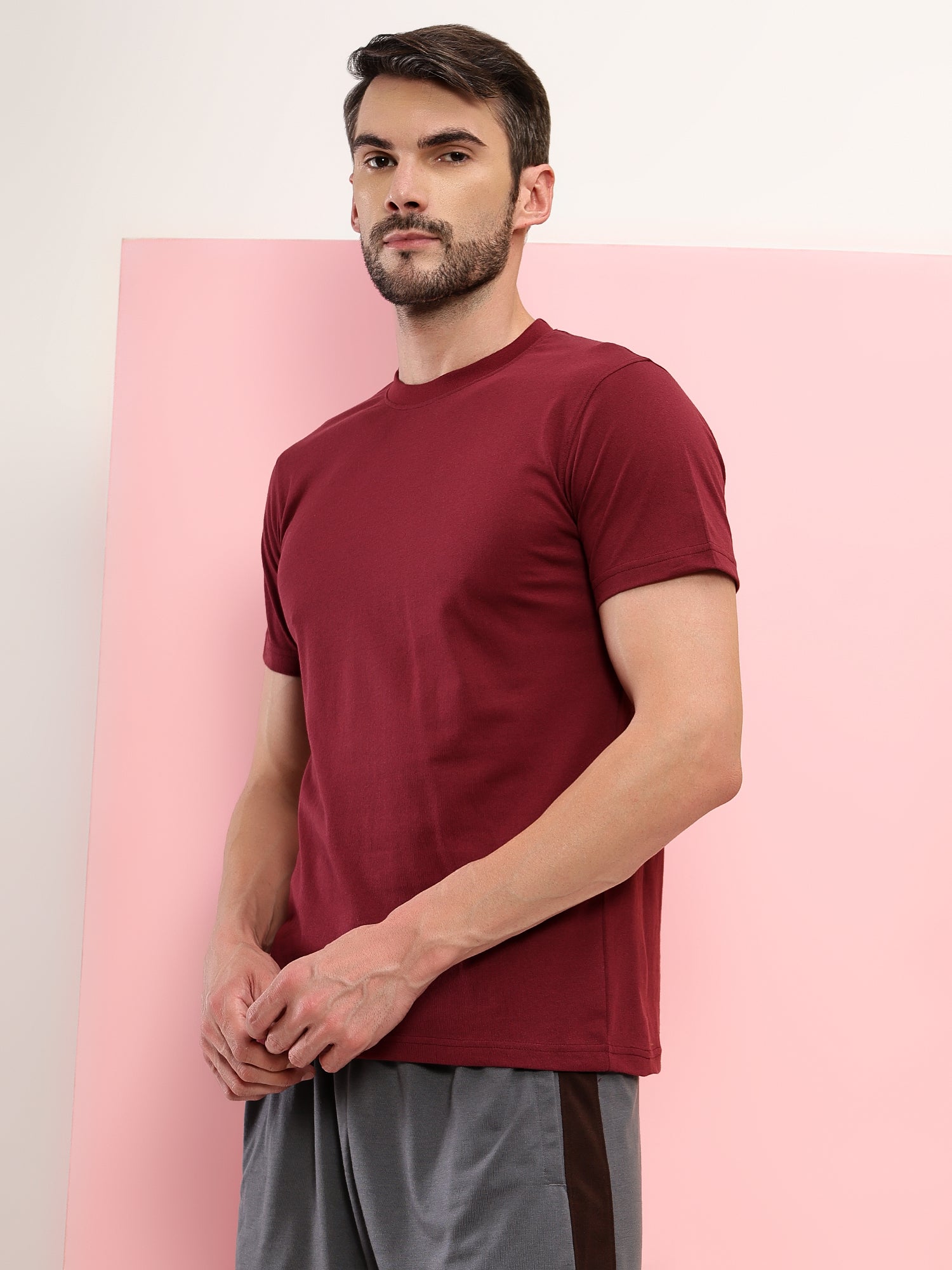 T.T. Men Eco Friendly (Cotton Rich) Recycled Fabric Solid Round Neck Regular Fit Maroon