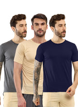 T.T. Men Slim Fit Poly Jersey Round Neck Half Sleeve T-Shirt Pack Of 3 Anthra::Navy::Skin