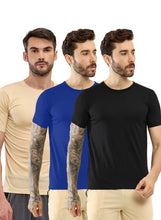 T.T. Men Slim Fit Poly Jersey Round Neck Half Sleeve T-Shirt Pack Of 3 Black::Royal Blue::Skin