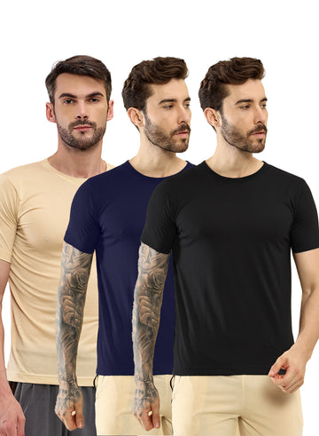 T.T. Men Slim Fit Poly Jersey Round Neck Half Sleeve T-Shirt Pack Of 3 Black::Navy::Skin