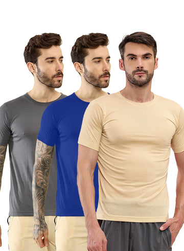 T.T. Men Slim Fit Poly Jersey Round Neck Half Sleeve T-Shirt Pack Of 3 Anthra::Royal Blue::Skin