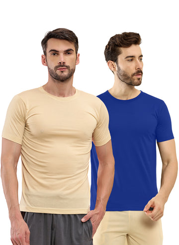 T.T. Men Slim Fit Poly Jersey Round Neck Half Sleeve T-Shirt Pack Of 2 Skin::Royal