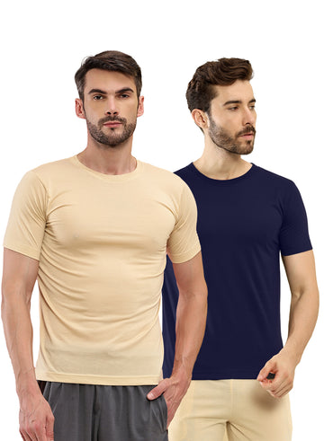 T.T. Men Slim Fit Poly Jersey Round Neck Half Sleeve T-Shirt Pack Of 2 Navy::Skin