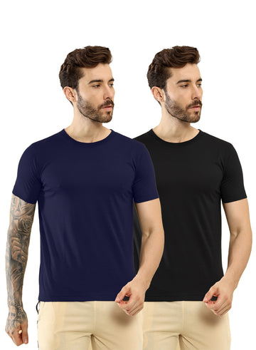 T.T. Men Slim Fit Poly Jersey Round Neck Half Sleeve T-Shirt Pack Of 2 Black::Navy