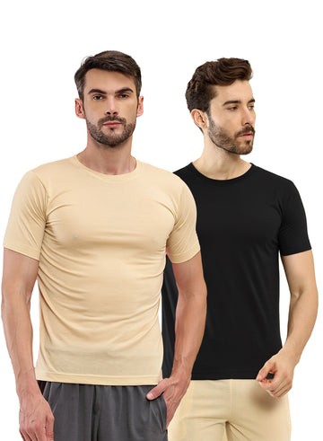 T.T. Men Slim Fit Poly Jersey Round Neck Half Sleeve T-Shirt Pack Of 2 Black::Skin