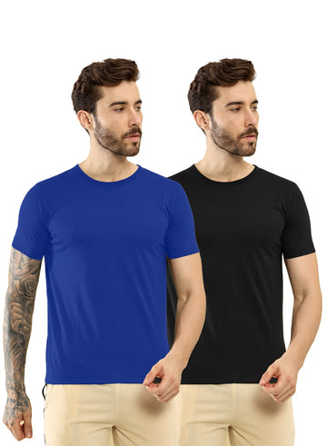 T.T. Men Slim Fit Poly Jersey Round Neck Half Sleeve T-Shirt Pack Of 2 Royal::Black