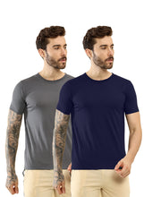 T.T. Men Slim Fit Poly Jersey Round Neck Half Sleeve T-Shirt Pack Of 2 Anthra::Navy