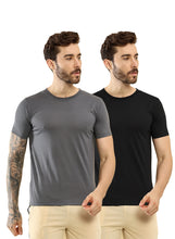 T.T. Men Slim Fit Poly Jersey Round Neck Half Sleeve T-Shirt Pack Of 2 Anthra::Black