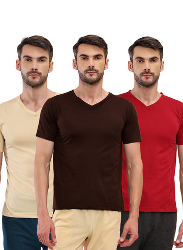 T.T. Men Slim Fit Poly Jersey V-Neck Half Sleeve T-Shirt Pack Of 3 Brown::Maroon::Skin