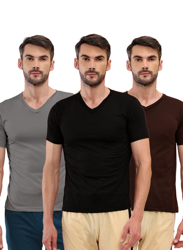 T.T. Men Slim Fit Poly Jersey V-Neck Half Sleeve T-Shirt Pack Of 3 Anthra::Black::Brown