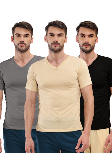 T.T. Men Slim Fit Poly Jersey V-Neck Half Sleeve T-Shirt Pack Of 3 Anthra::Black::Skin